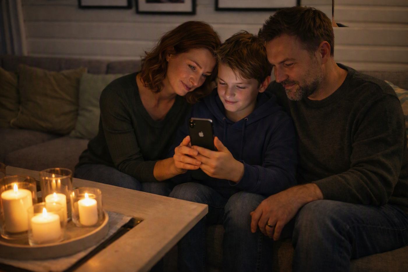 En familie ser på minnesiden sammen på mobilen