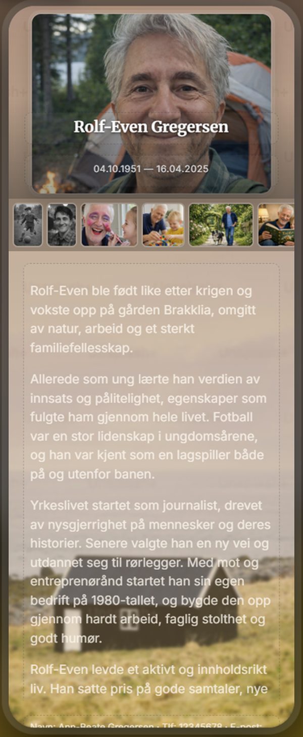 Skjermbilde av en ferdig minneside med bilder og biografi